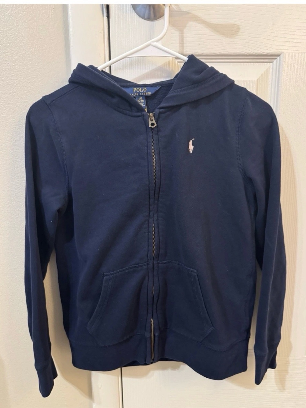 Polo Ralph Lauren Boys Navy Full Zip Hoodie Sweatshirt Size L 12-14 Pony Logo